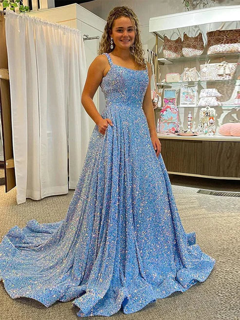 Luolandi A-Line/Princess Velvet Sequins Ruffles Straps Sleeveless Court Train Dress Sparkly Party Dress